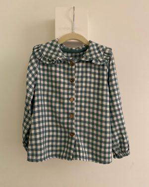 Blusa de manga larga para niña cuello Peter Pan en cuadros vichy verde