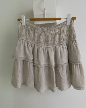 Minifalda pantalón beige con volantes y cintura elástica 100% Lino